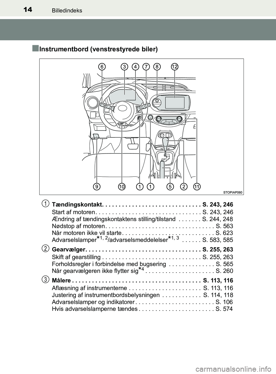 TOYOTA YARIS 2020 Brugsanvisning (in Danish) 14Billedindeks
YARIS_F_OM_Europe_OM52K19DK
nInstrumentbord (venstrestyrede biler)
Tændingskontakt. . . . . . . . . . . . . . . . . . . . . . . . . . . . . . S. 243, 246
Start af motoren . . . . . . . TOYOTA YARIS 2020 Brugsanvisning (in Danish) 14Billedindeks
YARIS_F_OM_Europe_OM52K19DK
nInstrumentbord (venstrestyrede biler)
Tændingskontakt. . . . . . . . . . . . . . . . . . . . . . . . . . . . . . S. 243, 246
Start af motoren . . . . . . .