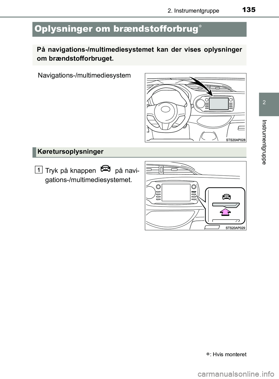 TOYOTA YARIS 2020 Brugsanvisning (in Danish) 135
2
2. Instrumentgruppe
Instrumentgruppe
YARIS_F_OM_Europe_OM52K19DK
Oplysninger om brændstofforbrug
Navigations-/multimediesystemTryk på knappen på navi-
gations-/multi mediesystemet.
: TOYOTA YARIS 2020 Brugsanvisning (in Danish) 135
2
2. Instrumentgruppe
Instrumentgruppe
YARIS_F_OM_Europe_OM52K19DK
Oplysninger om brændstofforbrug
Navigations-/multimediesystemTryk på knappen på navi-
gations-/multi mediesystemet.
: