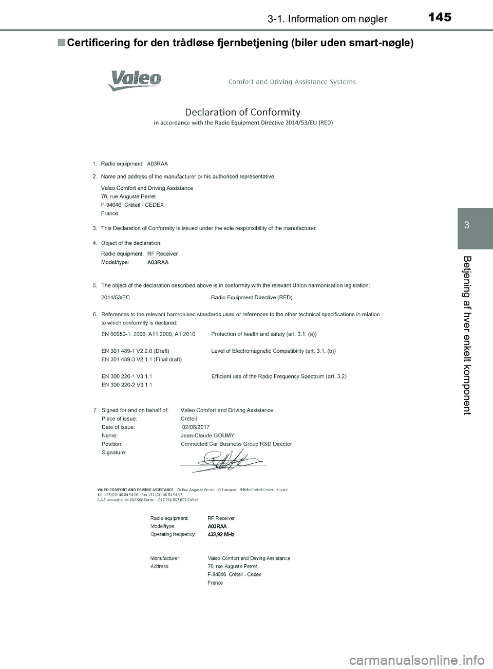 TOYOTA YARIS 2020  Brugsanvisning (in Danish) 1453-1. Information om nøgler
3
Betjening af hver enkelt komponent
YARIS_F_OM_Europe_OM52K19DKn
Certificering for den tr ådløse fjernbetjening (biler uden smart-nøgle)
OM52K19DK.book  Page 145  Tu