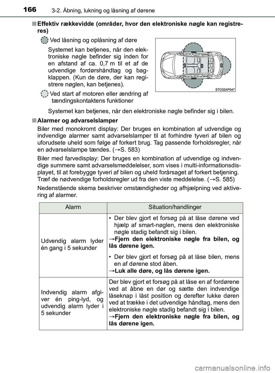 TOYOTA YARIS 2020  Brugsanvisning (in Danish) 1663-2. Åbning, lukning og låsning af dørene
YARIS_F_OM_Europe_OM52K19DKn
Effektiv rækkevidde (områder, hvor  den elektroniske nøgle kan registre-
res)
Systemet kan betjenes, når den elektr oni