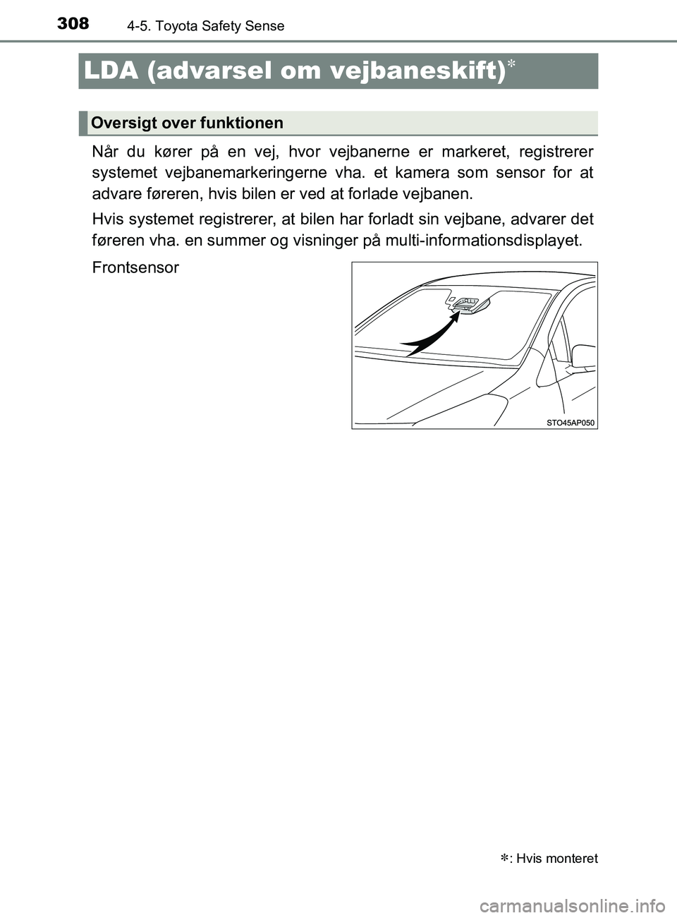 TOYOTA YARIS 2020 Brugsanvisning (in Danish) 3084-5. Toyota Safety Sense
YARIS_F_OM_Europe_OM52K19DK
LDA (advarsel om vejbaneskift)
Når du kører på en vej, hvor vejbanerne er markeret, registrerer
systemet vejbanemarkeringerne vha. et kame TOYOTA YARIS 2020 Brugsanvisning (in Danish) 3084-5. Toyota Safety Sense
YARIS_F_OM_Europe_OM52K19DK
LDA (advarsel om vejbaneskift)
Når du kører på en vej, hvor vejbanerne er markeret, registrerer
systemet vejbanemarkeringerne vha. et kame