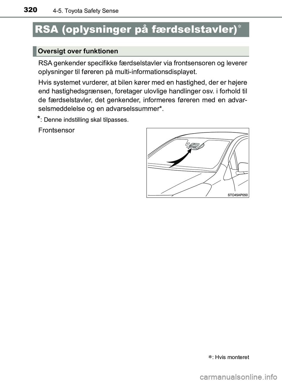 TOYOTA YARIS 2020 Brugsanvisning (in Danish) 3204-5. Toyota Safety Sense
YARIS_F_OM_Europe_OM52K19DK
RSA (oplysninger på færdselstavler)
RSA genkender specifikke færdselstavler via frontsensoren og leverer
oplysninger til føreren på mul TOYOTA YARIS 2020 Brugsanvisning (in Danish) 3204-5. Toyota Safety Sense
YARIS_F_OM_Europe_OM52K19DK
RSA (oplysninger på færdselstavler)
RSA genkender specifikke færdselstavler via frontsensoren og leverer
oplysninger til føreren på mul