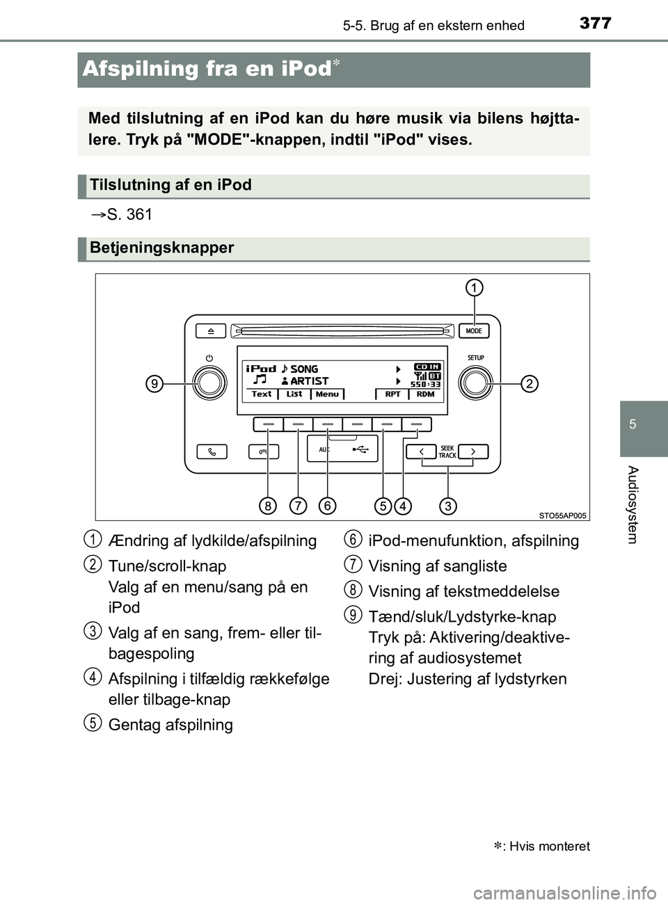 TOYOTA YARIS 2020  Brugsanvisning (in Danish) 377
5
5-5. Brug af en ekstern enhed
Audiosystem
YARIS_F_OM_Europe_OM52K19DK
Afspilning fra en iPod
S. 361
: Hvis monteret
Med tilslutning af en iPod kan du høre musik via bilens højtta-
ler