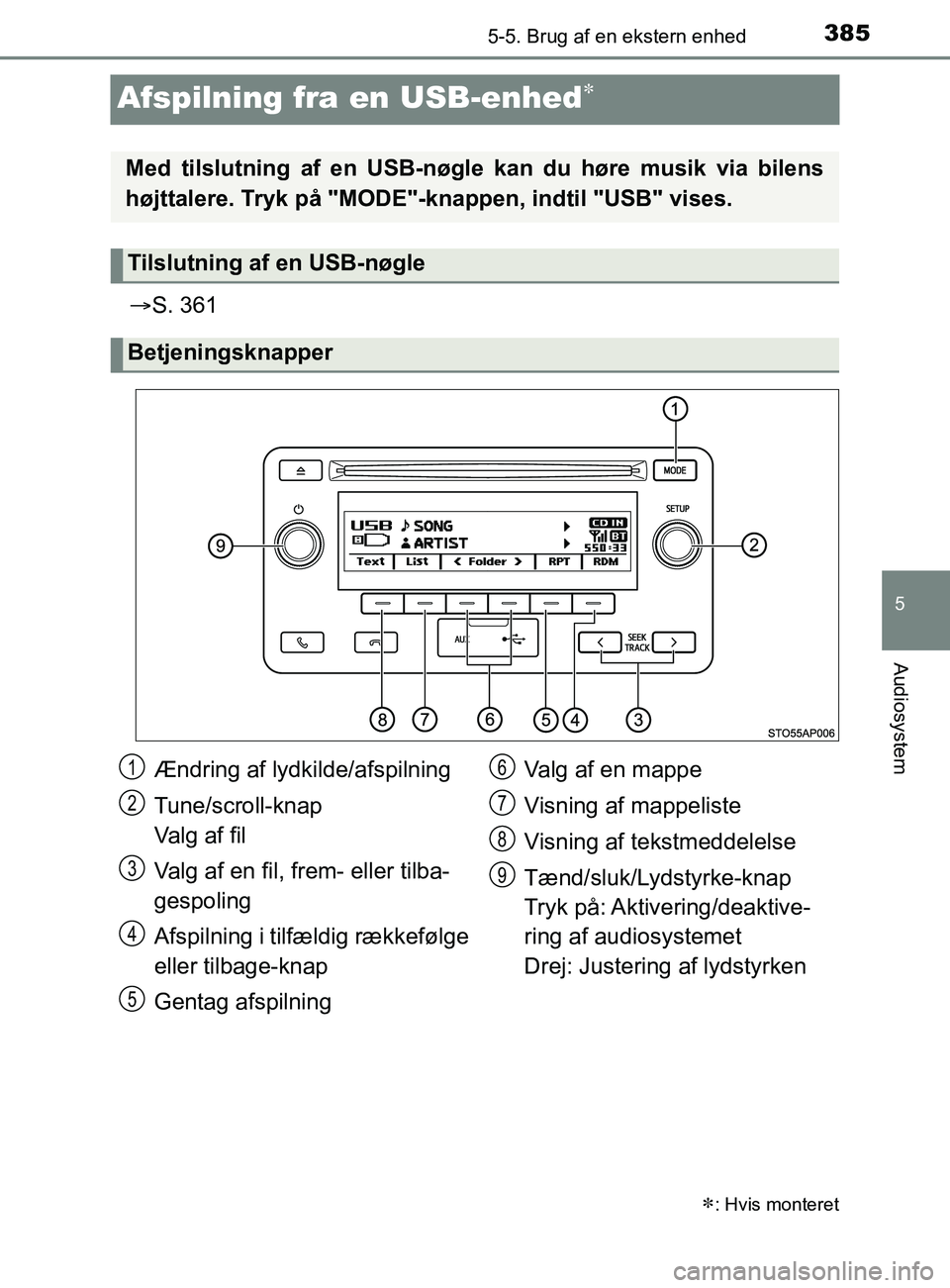 TOYOTA YARIS 2020  Brugsanvisning (in Danish) 385
5
5-5. Brug af en ekstern enhed
Audiosystem
YARIS_F_OM_Europe_OM52K19DK
Afspilning fra en USB-enhed
S. 361
: Hvis monteret
Med tilslutning af en USB-nøgle kan du høre musik via bilens
h