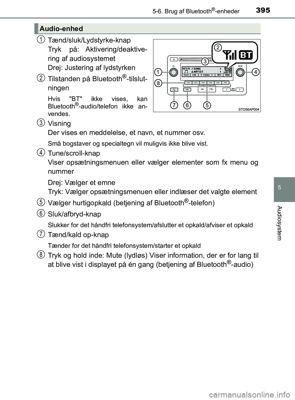 TOYOTA YARIS 2020 Brugsanvisning (in Danish) 3955-6. Brug af Bluetooth®-enheder
5
Audiosystem
YARIS_F_OM_Europe_OM52K19DK
Tænd/sluk/Lydstyrke-knap
Tryk på: Aktivering/deaktive-
ring af audiosystemet
Drej: Justering af lydstyrken
Tilstanden p TOYOTA YARIS 2020 Brugsanvisning (in Danish) 3955-6. Brug af Bluetooth®-enheder
5
Audiosystem
YARIS_F_OM_Europe_OM52K19DK
Tænd/sluk/Lydstyrke-knap
Tryk på: Aktivering/deaktive-
ring af audiosystemet
Drej: Justering af lydstyrken
Tilstanden p