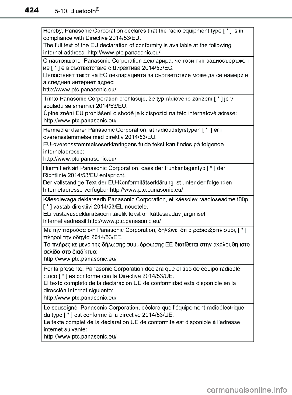 TOYOTA YARIS 2020  Brugsanvisning (in Danish) 4245-10. Bluetooth®
YARIS_F_OM_Europe_OM52K19DK
OM52K19DK.book  Page 424  Tuesday, June 11, 2019  8:38 AM 