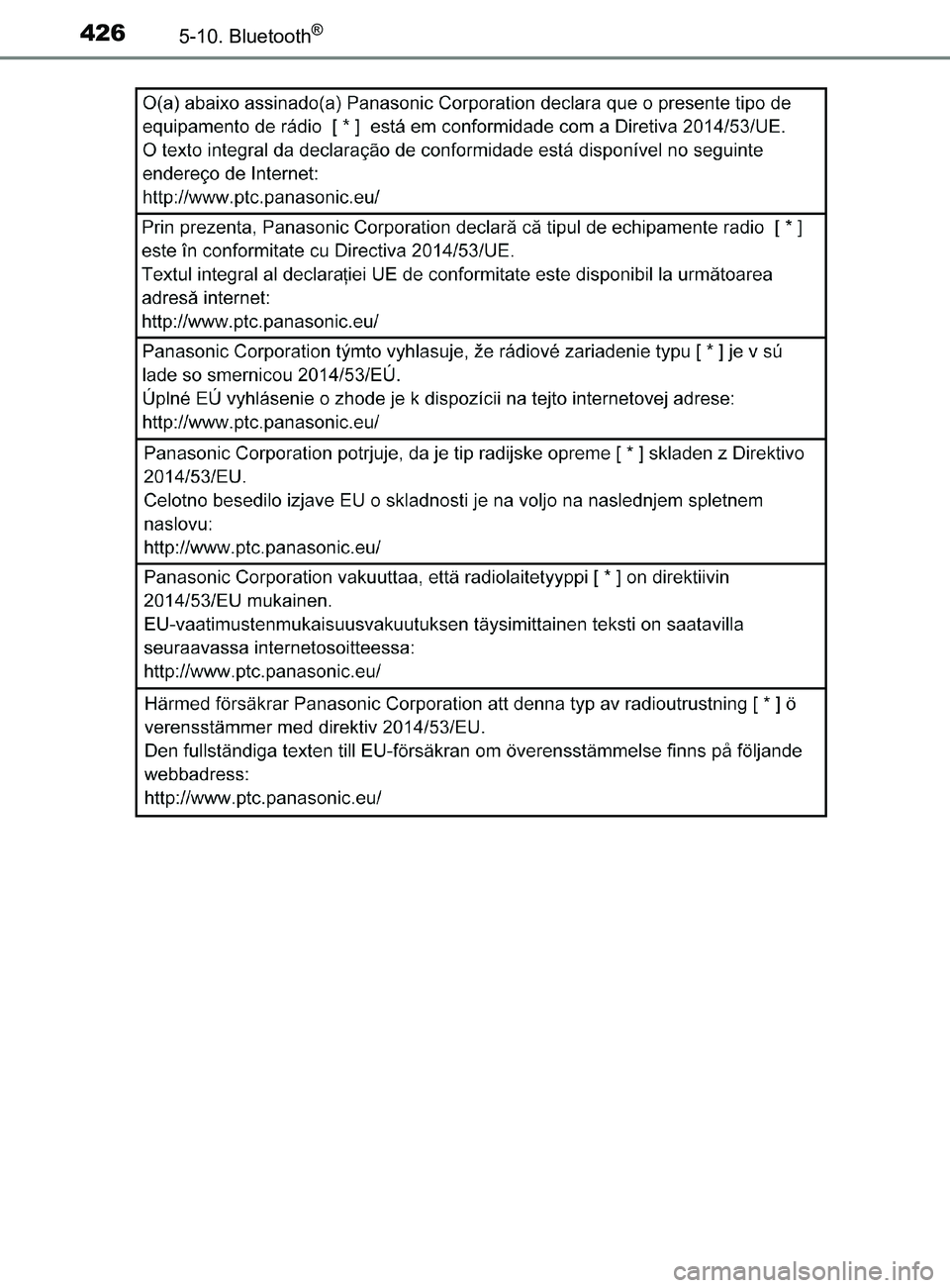TOYOTA YARIS 2020  Brugsanvisning (in Danish) 4265-10. Bluetooth®
YARIS_F_OM_Europe_OM52K19DK
OM52K19DK.book  Page 426  Tuesday, June 11, 2019  8:38 AM 
