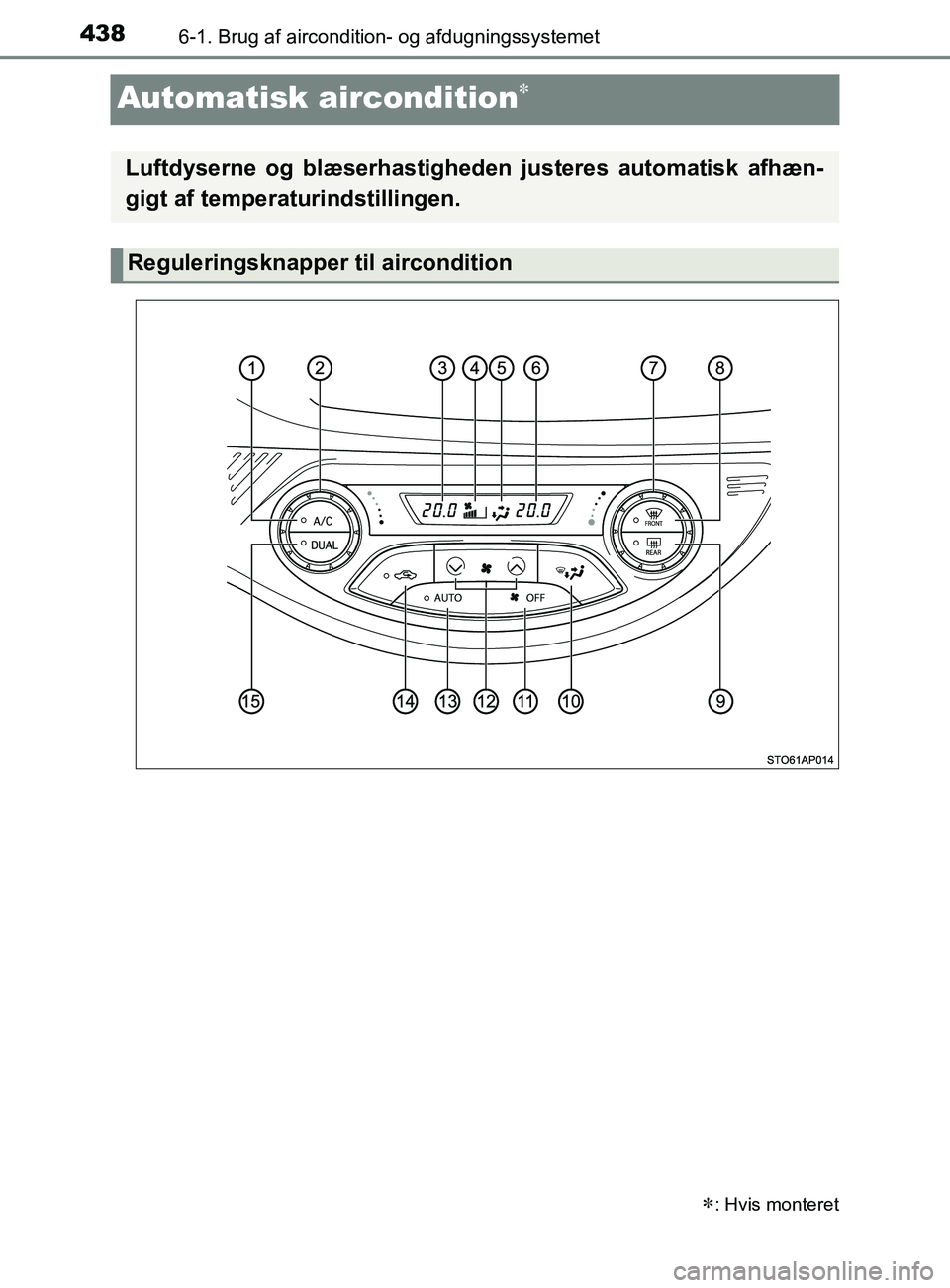 TOYOTA YARIS 2020  Brugsanvisning (in Danish) 4386-1. Brug af aircondition- og afdugningssystemet
YARIS_F_OM_Europe_OM52K19DK
Automatisk aircondition
: Hvis monteret
Luftdyserne og blæserhastigheden justeres automatisk afhæn-
gigt af temp