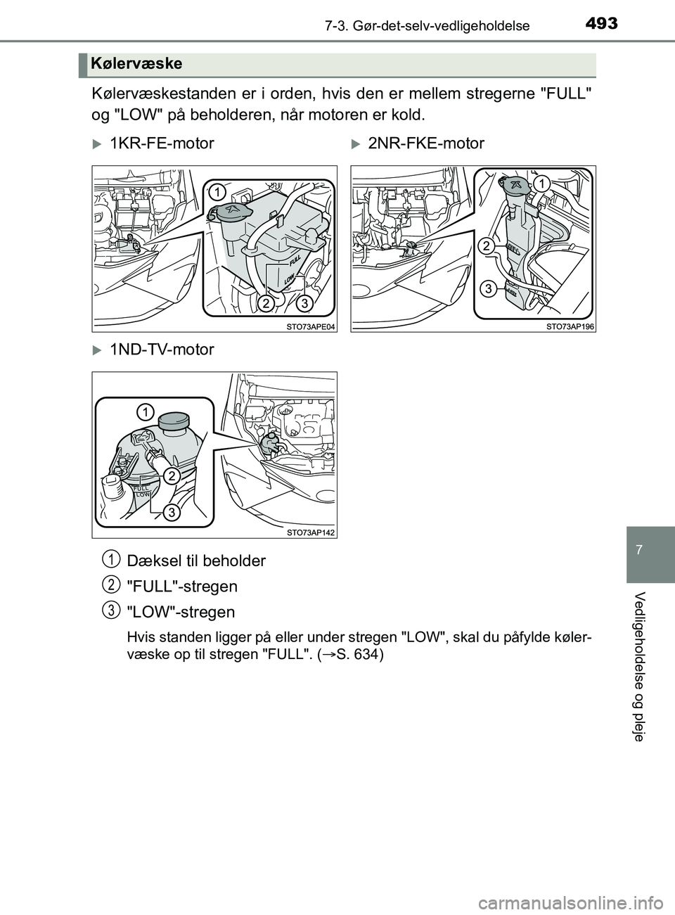 TOYOTA YARIS 2020 Brugsanvisning (in Danish) 4937-3. Gør-det-selv-vedligeholdelse
7
Vedligeholdelse og pleje
YARIS_F_OM_Europe_OM52K19DK
Kølervæskestanden er i orden, hvis den er mellem stregerne "FULL"
og "LOW" på beholderen, når motoren e TOYOTA YARIS 2020 Brugsanvisning (in Danish) 4937-3. Gør-det-selv-vedligeholdelse
7
Vedligeholdelse og pleje
YARIS_F_OM_Europe_OM52K19DK
Kølervæskestanden er i orden, hvis den er mellem stregerne "FULL"
og "LOW" på beholderen, når motoren e
