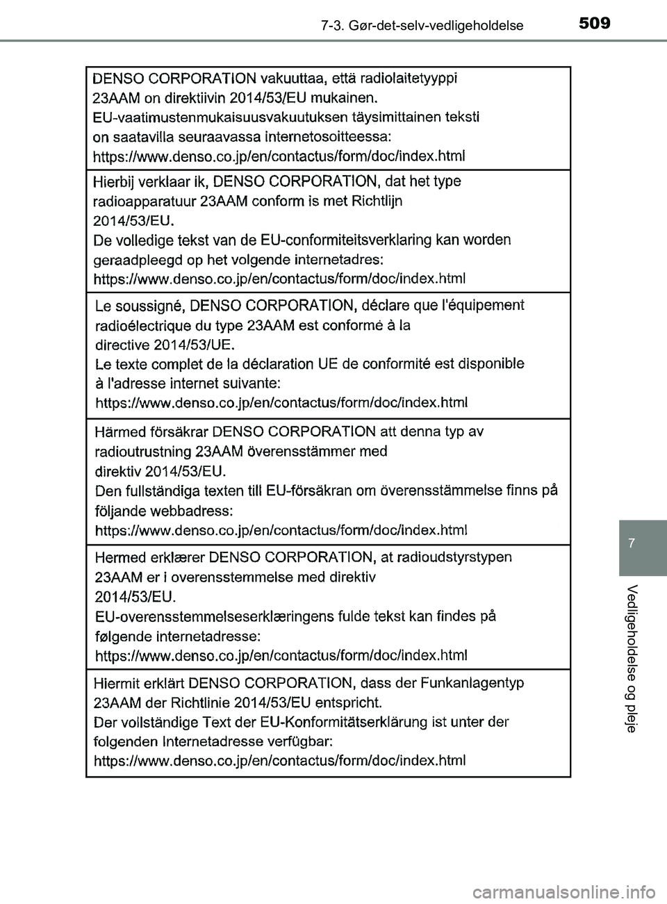 TOYOTA YARIS 2020 Brugsanvisning (in Danish) 5097-3. Gør-det-selv-vedligeholdelse
7
Vedligeholdelse og pleje
YARIS_F_OM_Europe_OM52K19DK
OM52K19DK.book Page 509 Tuesday, June 11, 2019 8:38 AM TOYOTA YARIS 2020 Brugsanvisning (in Danish) 5097-3. Gør-det-selv-vedligeholdelse
7
Vedligeholdelse og pleje
YARIS_F_OM_Europe_OM52K19DK
OM52K19DK.book Page 509 Tuesday, June 11, 2019 8:38 AM