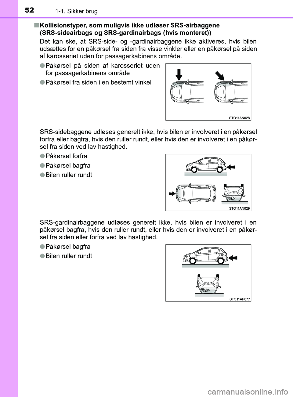 TOYOTA YARIS 2020  Brugsanvisning (in Danish) 521-1. Sikker brug
YARIS_F_OM_Europe_OM52K19DKn
Kollisionstyper, som muligvis ikke udløser SRS-airbaggene 
(SRS-sideairbags og SRS-gardinairbags (hvis monteret))
Det kan ske, at SRS-side- og -gardina