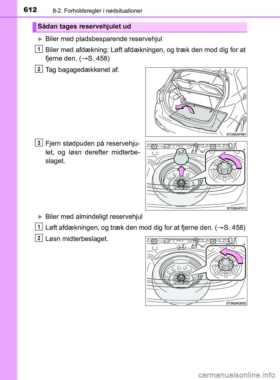 TOYOTA YARIS 2020  Brugsanvisning (in Danish) 6128-2. Forholdsregler i nødsituationer
YARIS_F_OM_Europe_OM52K19DK
Biler med pladsbesparende reservehjul
Biler med afdækning: Løft afdækningen, og træk den mod dig for at
fjerne den. (S. 4