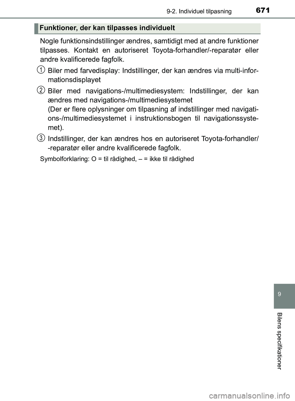 TOYOTA YARIS 2020  Brugsanvisning (in Danish) 6719-2. Individuel tilpasning
9
Bilens specifikationer
YARIS_F_OM_Europe_OM52K19DK
Nogle funktionsindstillinger ændres, samtidigt med at andre funktioner
tilpasses. Kontakt en autoriseret Toyota-forh
