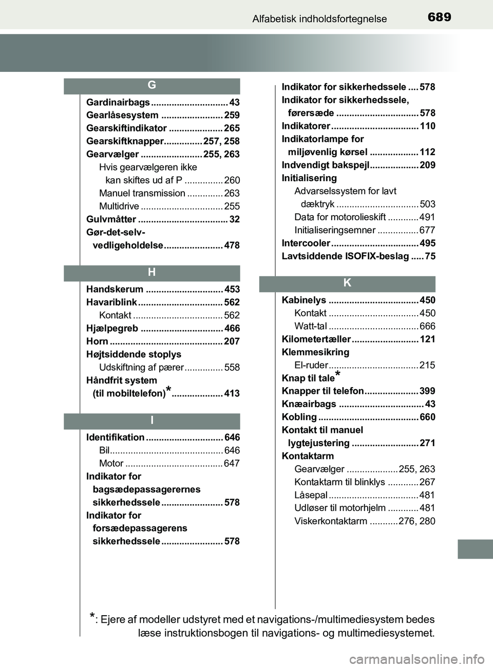 TOYOTA YARIS 2020  Brugsanvisning (in Danish) 689Alfabetisk indholdsfortegnelse
YARIS_F_OM_Europe_OM52K19DK
Gardinairbags .............................. 43
Gearlåsesystem ........................ 259
Gearskiftindikator ..................... 265
