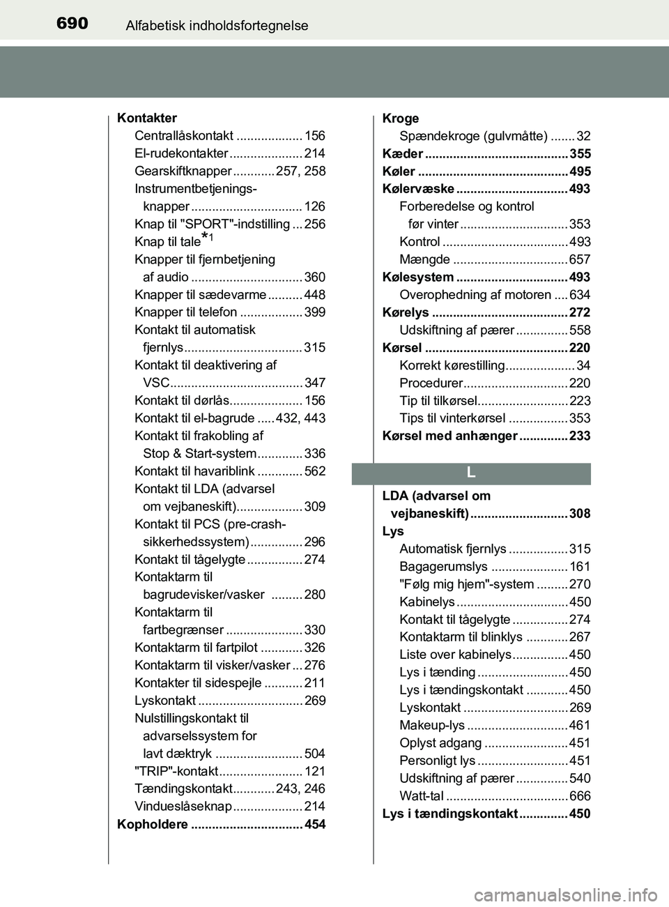 TOYOTA YARIS 2020  Brugsanvisning (in Danish) 690Alfabetisk indholdsfortegnelse
YARIS_F_OM_Europe_OM52K19DK
KontakterCentrallåskontakt ................... 156
El-rudekontakter ..................... 214
Gearskiftknapper ............ 257, 258
Inst