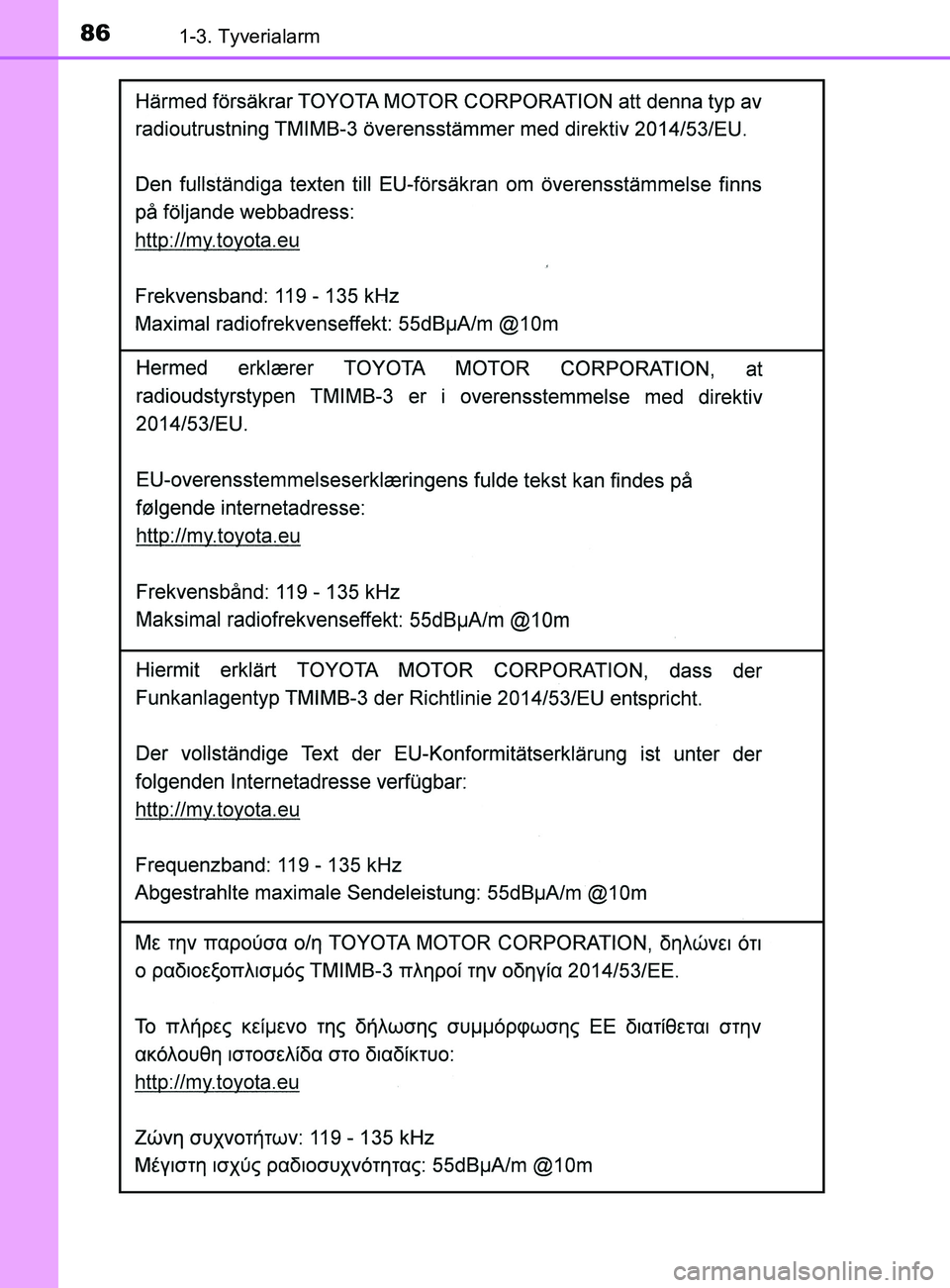 TOYOTA YARIS 2020  Brugsanvisning (in Danish) 861-3. Tyverialarm
YARIS_F_OM_Europe_OM52K19DK
OM52K19DK.book  Page 86  Tuesday, June 11, 2019  8:38 AM 