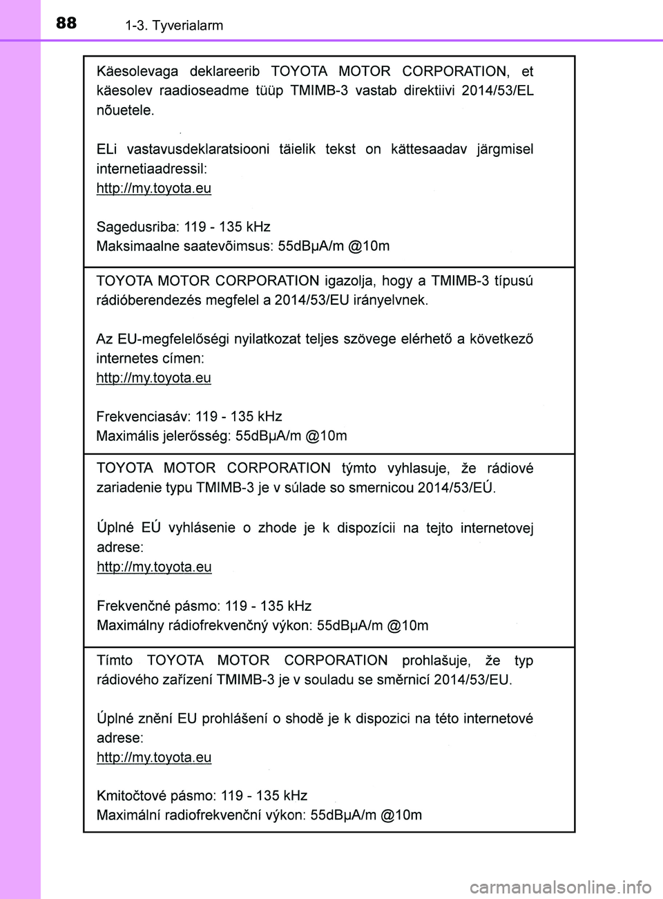 TOYOTA YARIS 2020  Brugsanvisning (in Danish) 881-3. Tyverialarm
YARIS_F_OM_Europe_OM52K19DK
OM52K19DK.book  Page 88  Tuesday, June 11, 2019  8:38 AM 