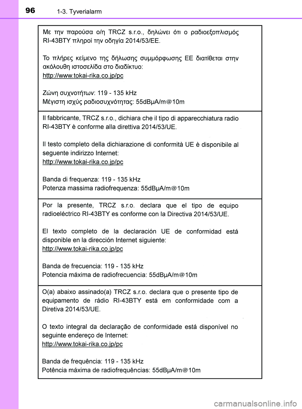 TOYOTA YARIS 2020  Brugsanvisning (in Danish) 961-3. Tyverialarm
YARIS_F_OM_Europe_OM52K19DK
OM52K19DK.book  Page 96  Tuesday, June 11, 2019  8:38 AM 