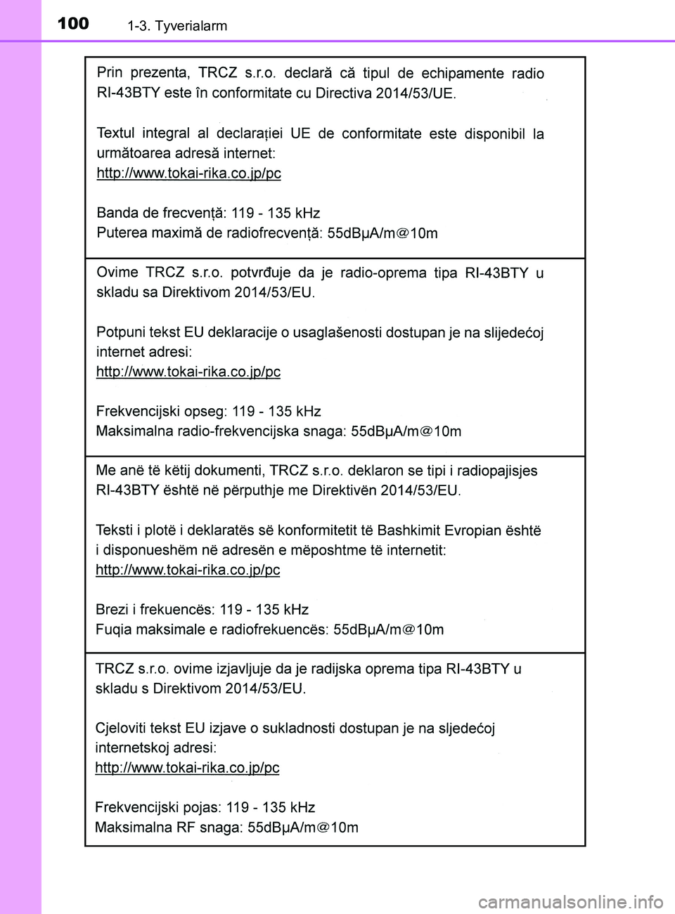 TOYOTA YARIS 2020  Brugsanvisning (in Danish) 1001-3. Tyverialarm
YARIS_F_OM_Europe_OM52K19DK
OM52K19DK.book  Page 100  Tuesday, June 11, 2019  8:38 AM 