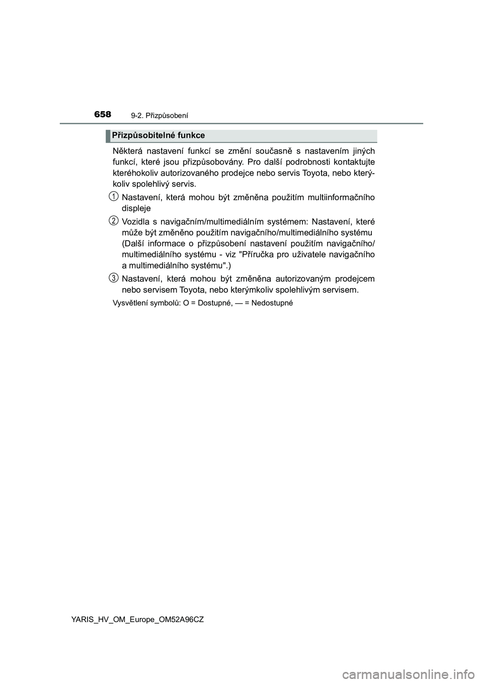 TOYOTA YARIS 2020 Návod na použití (in Czech) 6589-2. Přizpůsobení
YARIS_HV_OM_Europe_OM52A96CZ
Některá nastavení funkcí se změní současně s nastavením jiných
funkcí, které jsou přizpůsobovány. Pro další podrobno TOYOTA YARIS 2020 Návod na použití (in Czech) 6589-2. Přizpůsobení
YARIS_HV_OM_Europe_OM52A96CZ
Některá nastavení funkcí se změní současně s nastavením jiných
funkcí, které jsou přizpůsobovány. Pro další podrobno