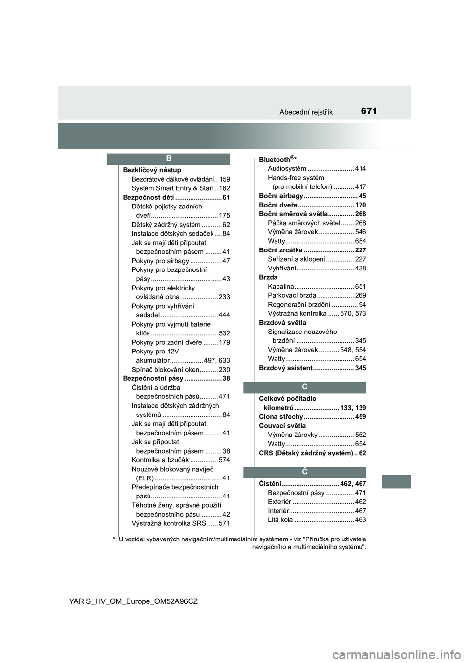 TOYOTA YARIS 2020 Návod na použití (in Czech) 671Abecední rejstřík
YARIS_HV_OM_Europe_OM52A96CZ
Bezklíčový nástup
Bezdrátové dálkové ovládání.. 159
Systém Smart Entry & Start .. 182
Bezpečnost dětí ......................... 61
D TOYOTA YARIS 2020 Návod na použití (in Czech) 671Abecední rejstřík
YARIS_HV_OM_Europe_OM52A96CZ
Bezklíčový nástup
Bezdrátové dálkové ovládání.. 159
Systém Smart Entry & Start .. 182
Bezpečnost dětí ......................... 61
D