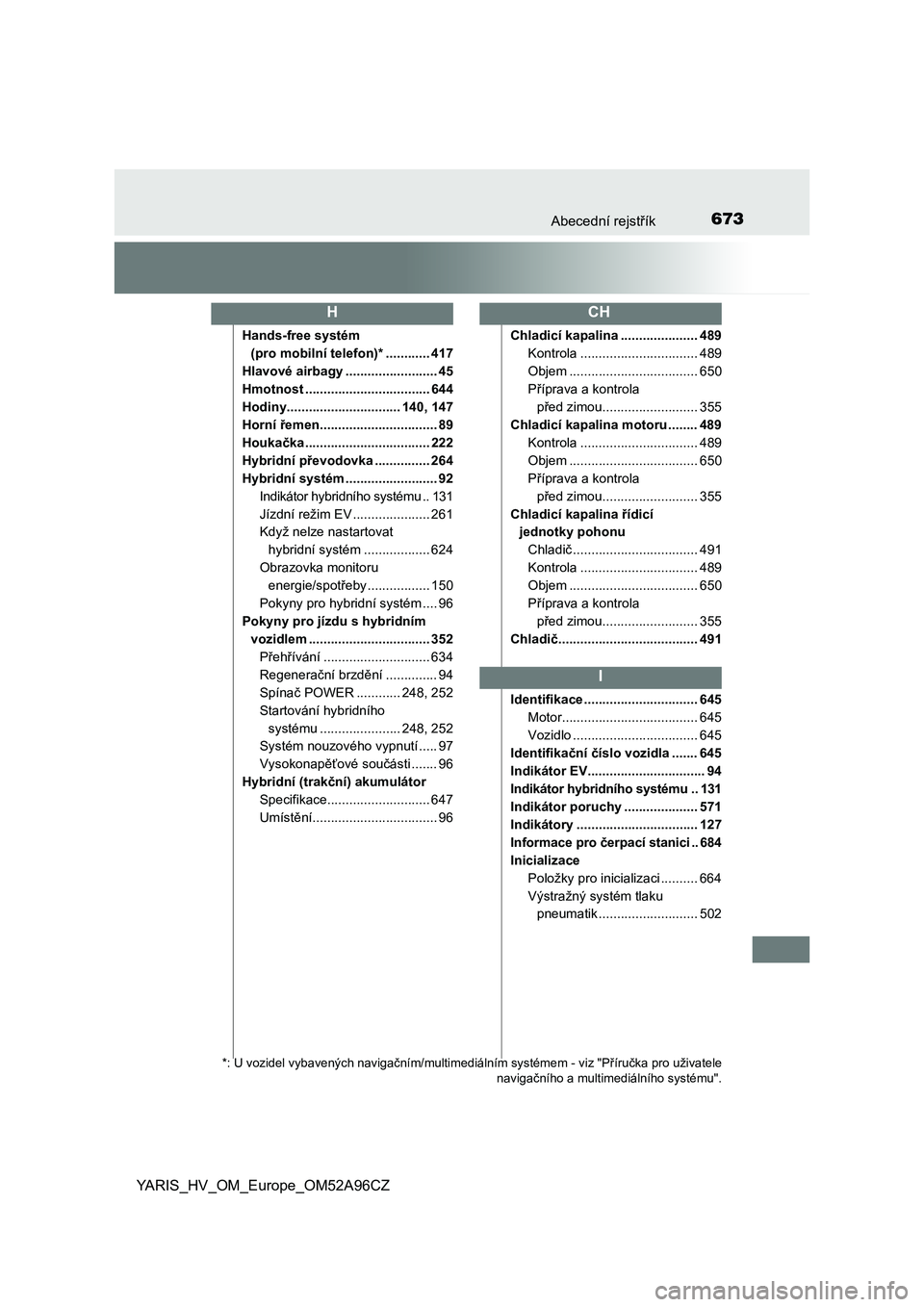 TOYOTA YARIS 2020  Návod na použití (in Czech) 673Abecední rejstřík
YARIS_HV_OM_Europe_OM52A96CZ
Hands-free systém 
(pro mobilní telefon)* ............ 417
Hlavové airbagy ......................... 45
Hmotnost ...............................
