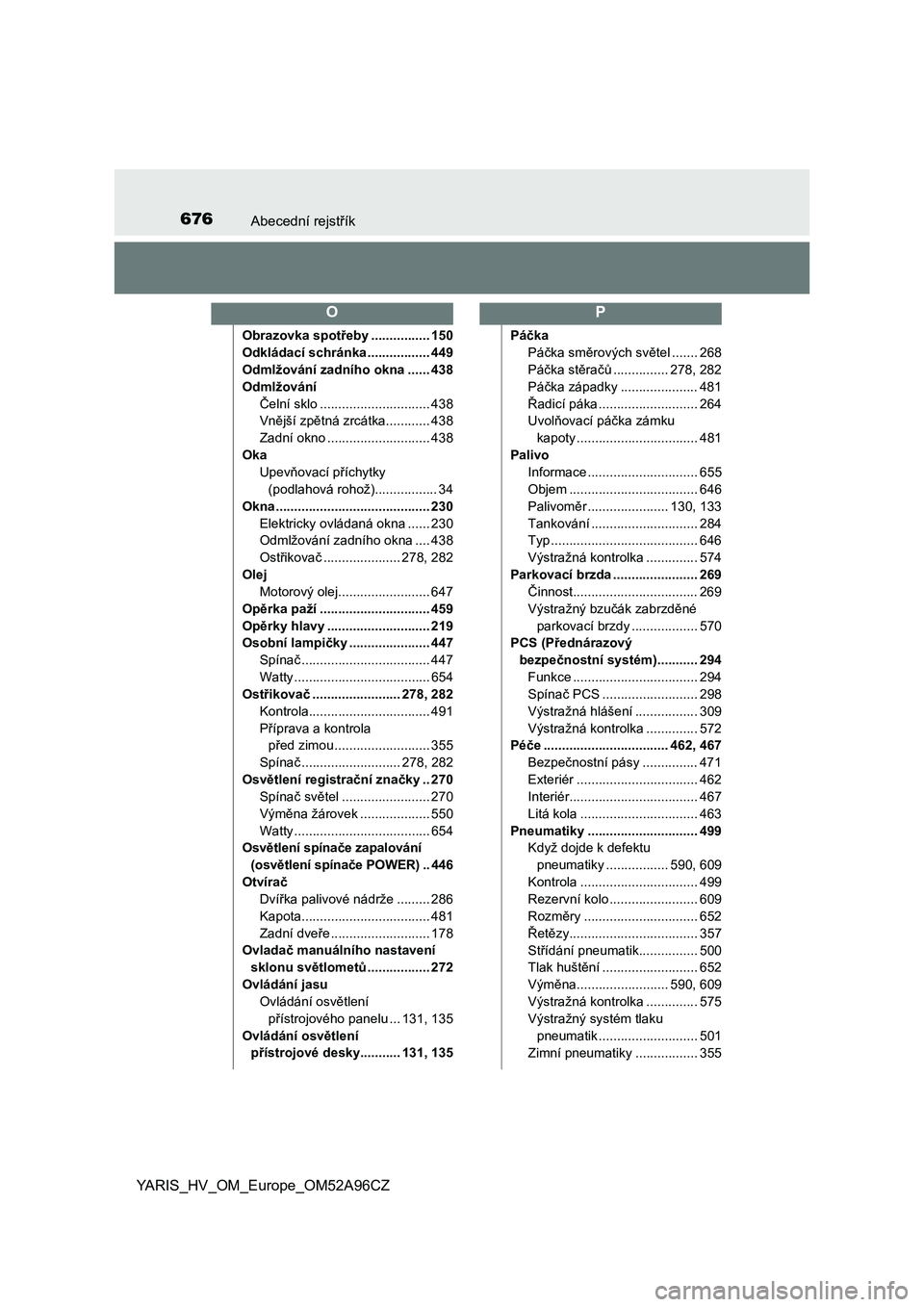 TOYOTA YARIS 2020  Návod na použití (in Czech) 676Abecední rejstřík
YARIS_HV_OM_Europe_OM52A96CZ
Obrazovka spotřeby ................ 150
Odkládací schránka ................. 449
Odmlžování zadního okna ...... 438
Odmlžování
Čelní s