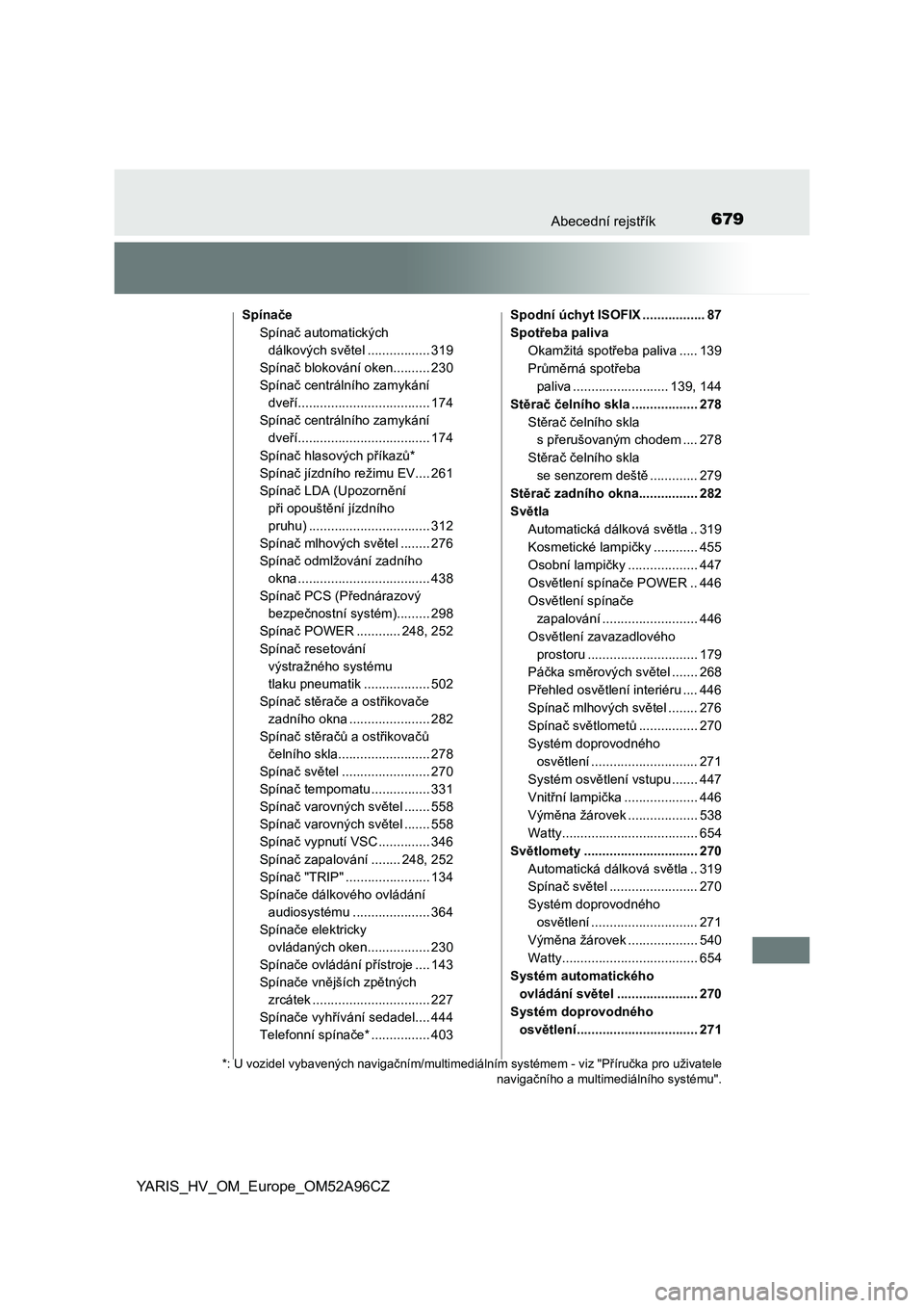 TOYOTA YARIS 2020 Návod na použití (in Czech) 679Abecední rejstřík
YARIS_HV_OM_Europe_OM52A96CZ
Spínače
Spínač automatických
dálkových světel ................. 319
Spínač blokování oken.......... 230
Spínač centrálního zamyká TOYOTA YARIS 2020 Návod na použití (in Czech) 679Abecední rejstřík
YARIS_HV_OM_Europe_OM52A96CZ
Spínače
Spínač automatických
dálkových světel ................. 319
Spínač blokování oken.......... 230
Spínač centrálního zamyká