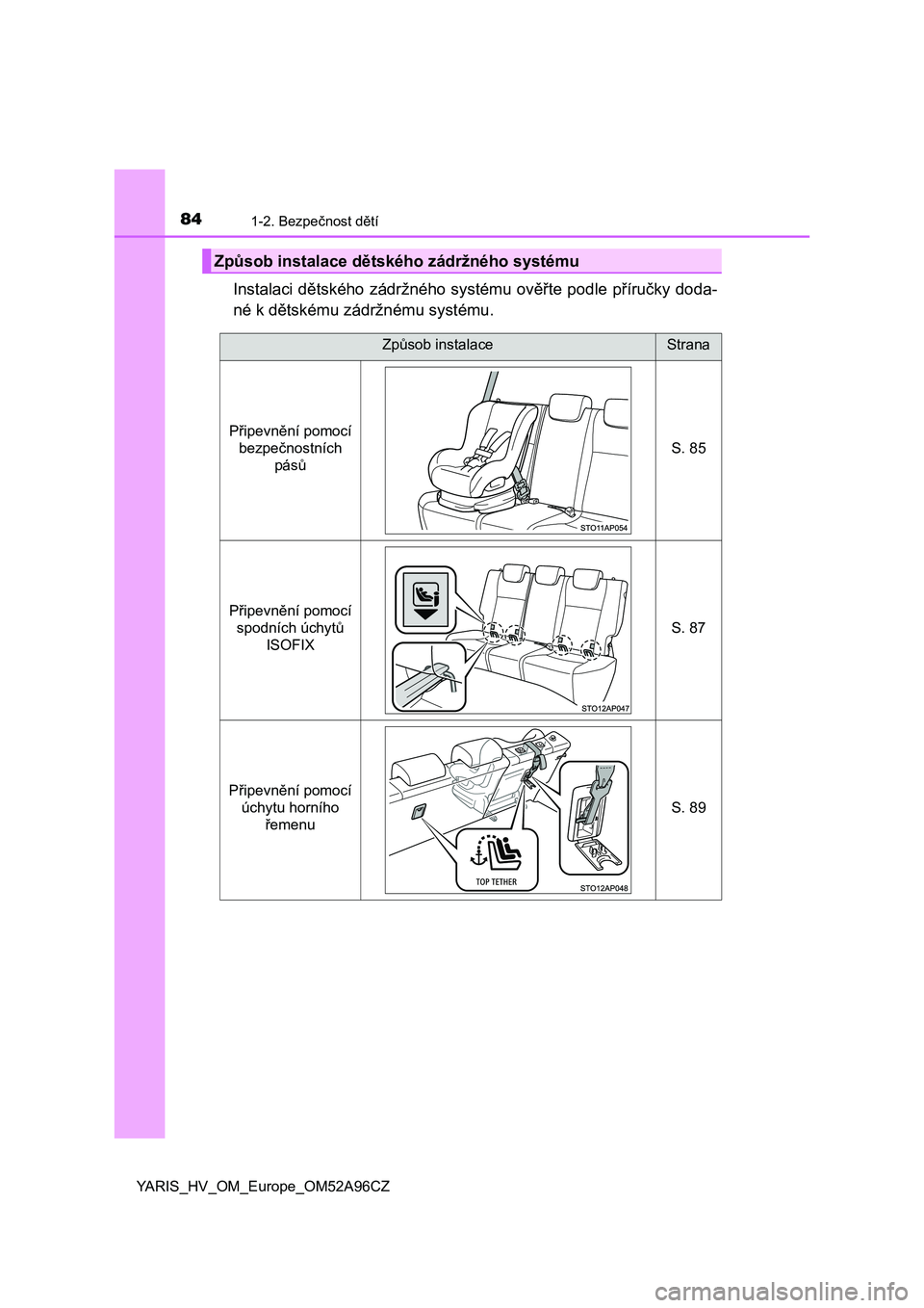TOYOTA YARIS 2020  Návod na použití (in Czech) 841-2. Bezpečnost dětí
YARIS_HV_OM_Europe_OM52A96CZ
Instalaci dětského zádržného systému ověřte podle příručky doda-
né k dětskému zádržnému systému.
Způsob instalace dětského 