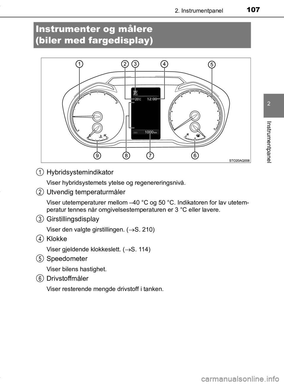TOYOTA YARIS 2020 Instruksjoner for bruk (in Norwegian) 107
2
2. Instrumentpanel
Instrumentpanel
YARIS_HV_OM_Europe_OM52A96NO
Instrumenter og målere
(biler med fargedisplay)
Hybridsystemindikator
Viser hybridsystemets ytelse og regenereringsnivå.
Utvend TOYOTA YARIS 2020 Instruksjoner for bruk (in Norwegian) 107
2
2. Instrumentpanel
Instrumentpanel
YARIS_HV_OM_Europe_OM52A96NO
Instrumenter og målere
(biler med fargedisplay)
Hybridsystemindikator
Viser hybridsystemets ytelse og regenereringsnivå.
Utvend