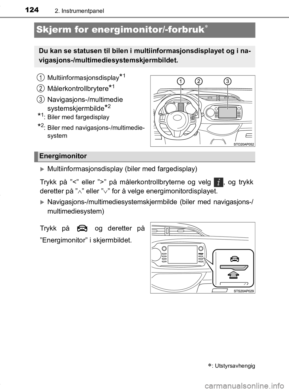 TOYOTA YARIS 2020  Instruksjoner for bruk (in Norwegian) 1242. Instrumentpanel
YARIS_HV_OM_Europe_OM52A96NO
Skjerm for energimonitor/-forbruk
Multiinformasjonsdisplay*1
Målerkontrollbrytere*1
Navigasjons-/multimedie
systemskjermbilde
*2
*1: Biler med fa