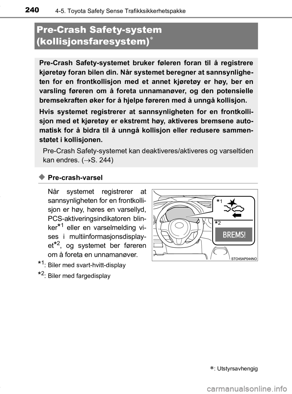 TOYOTA YARIS 2020 Instruksjoner for bruk (in Norwegian) 2404-5. Toyota Safety Sense Trafikksikkerhetspakke
YARIS_HV_OM_Europe_OM52A96NO
Pre-Crash Safety-system
(kollisjonsfaresystem)
uPre-crash-varsel
Når systemet registrerer at
sannsynligheten for e TOYOTA YARIS 2020 Instruksjoner for bruk (in Norwegian) 2404-5. Toyota Safety Sense Trafikksikkerhetspakke
YARIS_HV_OM_Europe_OM52A96NO
Pre-Crash Safety-system
(kollisjonsfaresystem)
uPre-crash-varsel
Når systemet registrerer at
sannsynligheten for e