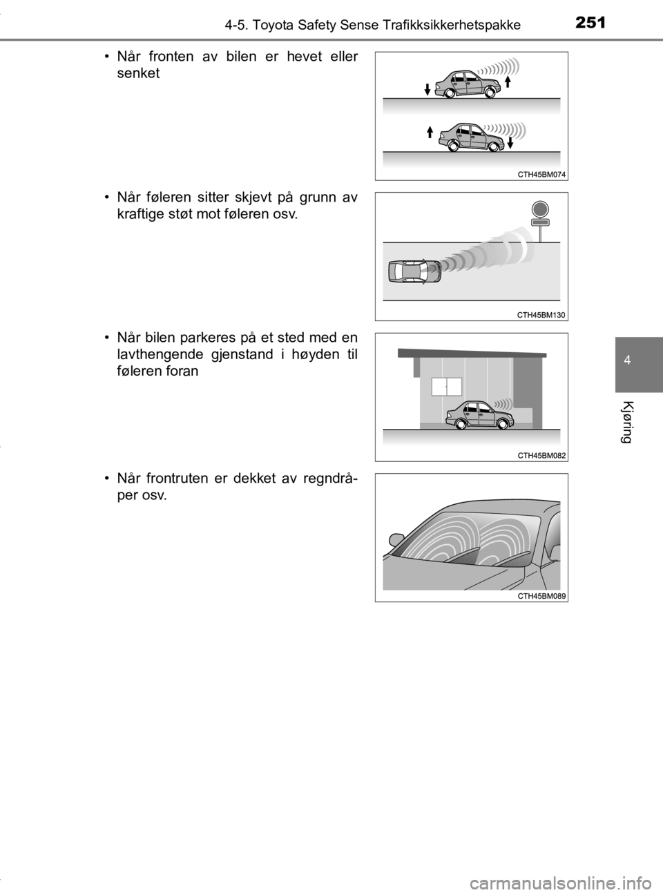 TOYOTA YARIS 2020 Instruksjoner for bruk (in Norwegian) 2514-5. Toyota Safety Sense Trafikksikkerhetspakke
4
Kjøring
YARIS_HV_OM_Europe_OM52A96NO• Når fronten av bilen er hevet eller
senket
• Når føleren sitter skjevt på grunn av kraftige støt mo TOYOTA YARIS 2020 Instruksjoner for bruk (in Norwegian) 2514-5. Toyota Safety Sense Trafikksikkerhetspakke
4
Kjøring
YARIS_HV_OM_Europe_OM52A96NO• Når fronten av bilen er hevet eller
senket
• Når føleren sitter skjevt på grunn av kraftige støt mo