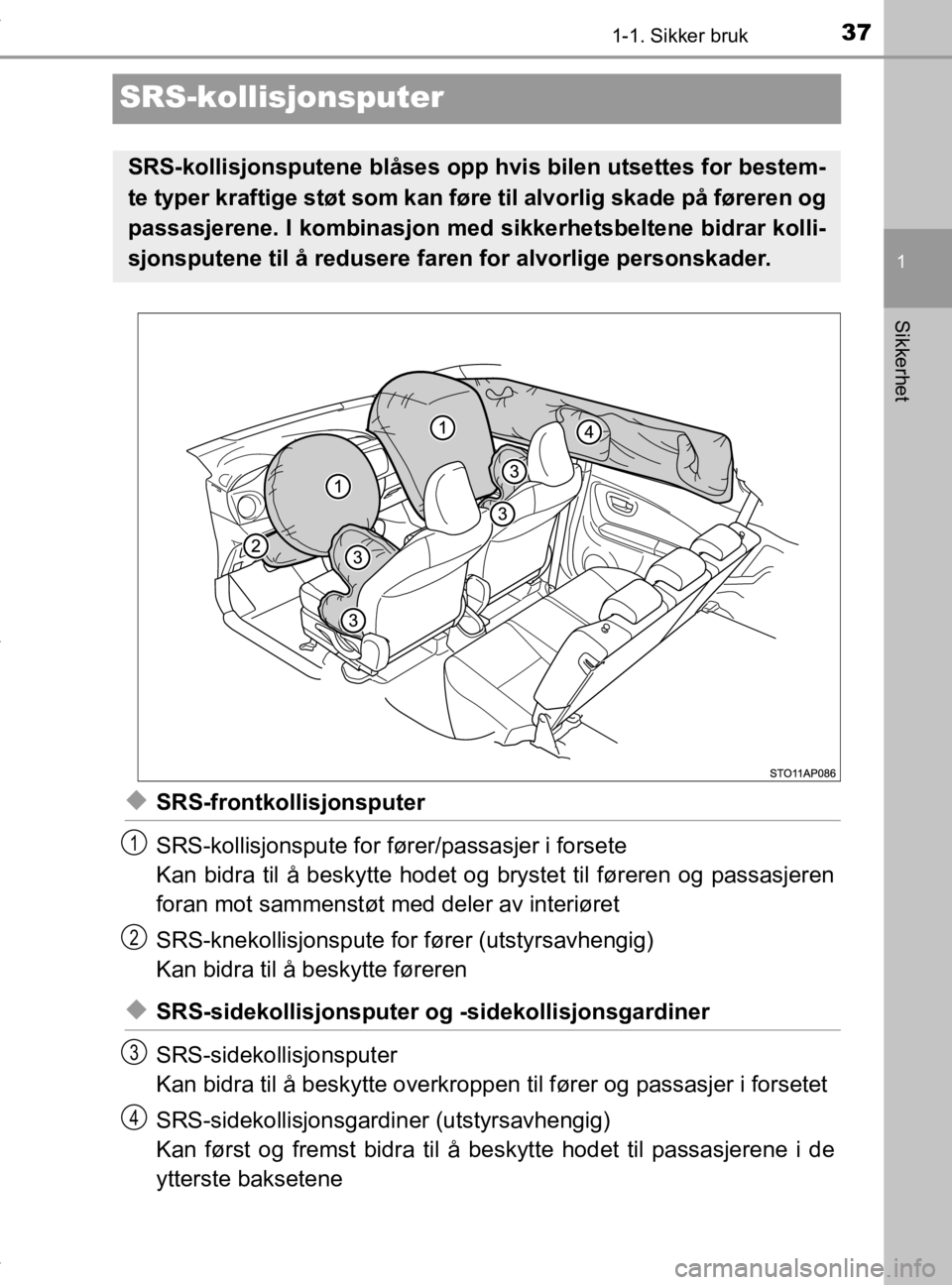 TOYOTA YARIS 2020 Instruksjoner for bruk (in Norwegian) 371-1. Sikker bruk
1
Sikkerhet
YARIS_HV_OM_Europe_OM52A96NO
SRS-kollisjonsputer
uSRS-frontkollisjonsputer
SRS-kollisjonspute for fører/passasjer i forsete
Kan bidra til å beskytte hodet og brystet t TOYOTA YARIS 2020 Instruksjoner for bruk (in Norwegian) 371-1. Sikker bruk
1
Sikkerhet
YARIS_HV_OM_Europe_OM52A96NO
SRS-kollisjonsputer
uSRS-frontkollisjonsputer
SRS-kollisjonspute for fører/passasjer i forsete
Kan bidra til å beskytte hodet og brystet t