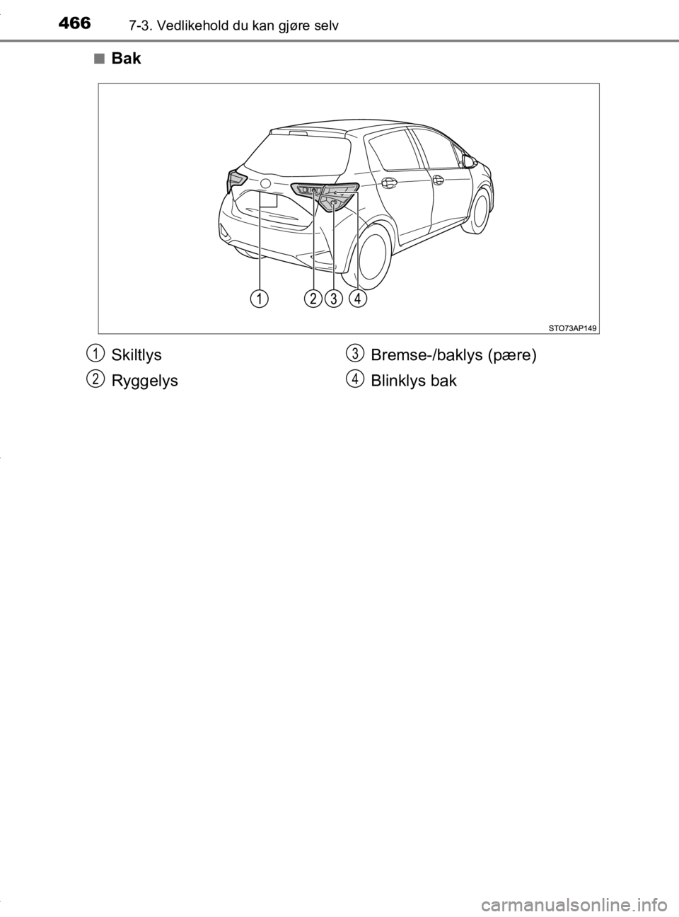 TOYOTA YARIS 2020  Instruksjoner for bruk (in Norwegian) 4667-3. Vedlikehold du kan gjøre selv
YARIS_HV_OM_Europe_OM52A96NOn
Bak
Skiltlys
Ryggelys
Bremse-/baklys (pære)
Blinklys bak1
2
3
4
OM52A96NO.book  Page 466  Tuesday, August 20, 2019  3:26 PM 
