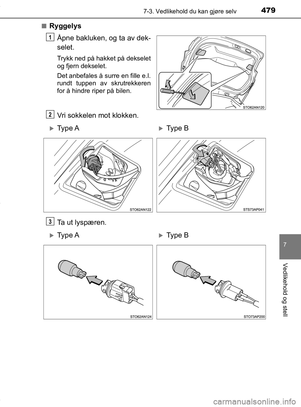 TOYOTA YARIS 2020  Instruksjoner for bruk (in Norwegian) 4797-3. Vedlikehold du kan gjøre selv
7
Vedlikehold og stell
YARIS_HV_OM_Europe_OM52A96NOn
Ryggelys
Åpne bakluken, og ta av dek-
selet.
Trykk ned på hakket på dekselet
og fjern dekselet.
Det anbef