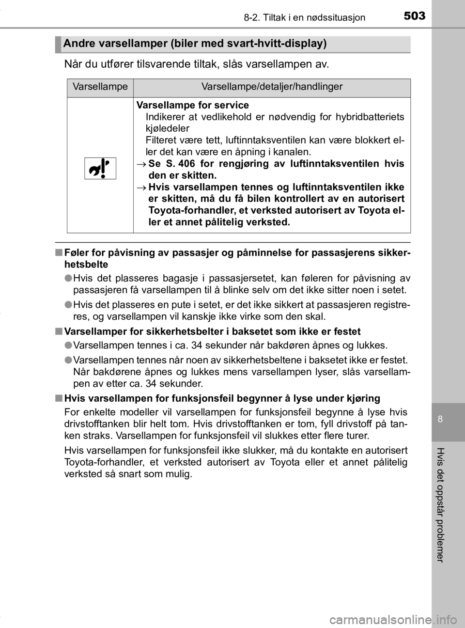 TOYOTA YARIS 2020 Instruksjoner for bruk (in Norwegian) 5038-2. Tiltak i en nødssituasjon
8
Hvis det oppstår problemer
YARIS_HV_OM_Europe_OM52A96NO
Når du utfører tilsvarende tiltak, slås varsellampen av.
nFøler for påvisning av passasjer og påminn TOYOTA YARIS 2020 Instruksjoner for bruk (in Norwegian) 5038-2. Tiltak i en nødssituasjon
8
Hvis det oppstår problemer
YARIS_HV_OM_Europe_OM52A96NO
Når du utfører tilsvarende tiltak, slås varsellampen av.
nFøler for påvisning av passasjer og påminn