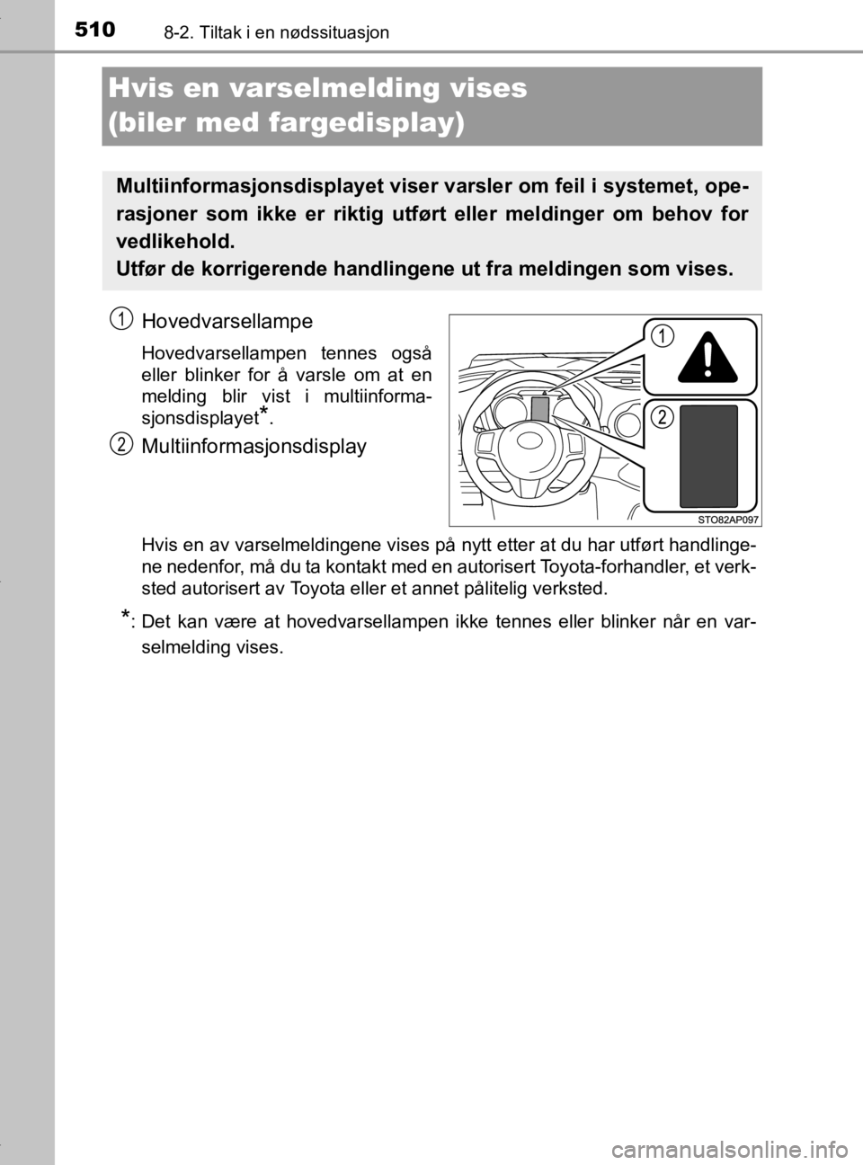 TOYOTA YARIS 2020 Instruksjoner for bruk (in Norwegian) 5108-2. Tiltak i en nødssituasjon
YARIS_HV_OM_Europe_OM52A96NO
Hvis en varselmelding vises
(biler med fargedisplay)
Hovedvarsellampe
Hovedvarsellampen tennes også
eller blinker for å varsle om at TOYOTA YARIS 2020 Instruksjoner for bruk (in Norwegian) 5108-2. Tiltak i en nødssituasjon
YARIS_HV_OM_Europe_OM52A96NO
Hvis en varselmelding vises
(biler med fargedisplay)
Hovedvarsellampe
Hovedvarsellampen tennes også
eller blinker for å varsle om at