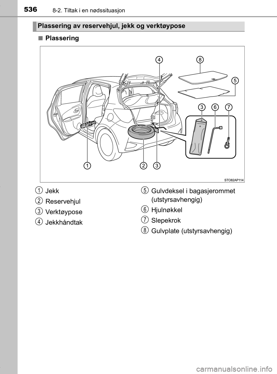 TOYOTA YARIS 2020 Instruksjoner for bruk (in Norwegian) 5368-2. Tiltak i en nødssituasjon
YARIS_HV_OM_Europe_OM52A96NOn
Plassering
Plassering av reservehjul, jekk og verktøypose
Jekk
Reservehjul
Ve r k t ø y p o s e
Jekkhåndtak
Gulvdeksel i bagasjeromm TOYOTA YARIS 2020 Instruksjoner for bruk (in Norwegian) 5368-2. Tiltak i en nødssituasjon
YARIS_HV_OM_Europe_OM52A96NOn
Plassering
Plassering av reservehjul, jekk og verktøypose
Jekk
Reservehjul
Ve r k t ø y p o s e
Jekkhåndtak
Gulvdeksel i bagasjeromm