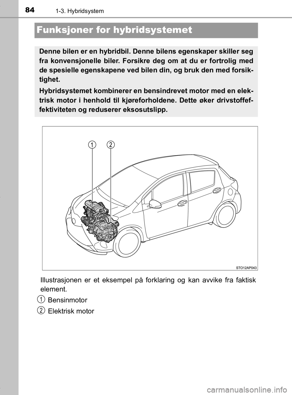 TOYOTA YARIS 2020  Instruksjoner for bruk (in Norwegian) 841-3. Hybridsystem
YARIS_HV_OM_Europe_OM52A96NO
Funksjoner for hybridsystemet
Illustrasjonen er et eksempel på fo rklaring og kan avvike fra faktisk
element.
Bensinmotor
Elektrisk motor
Denne bilen 