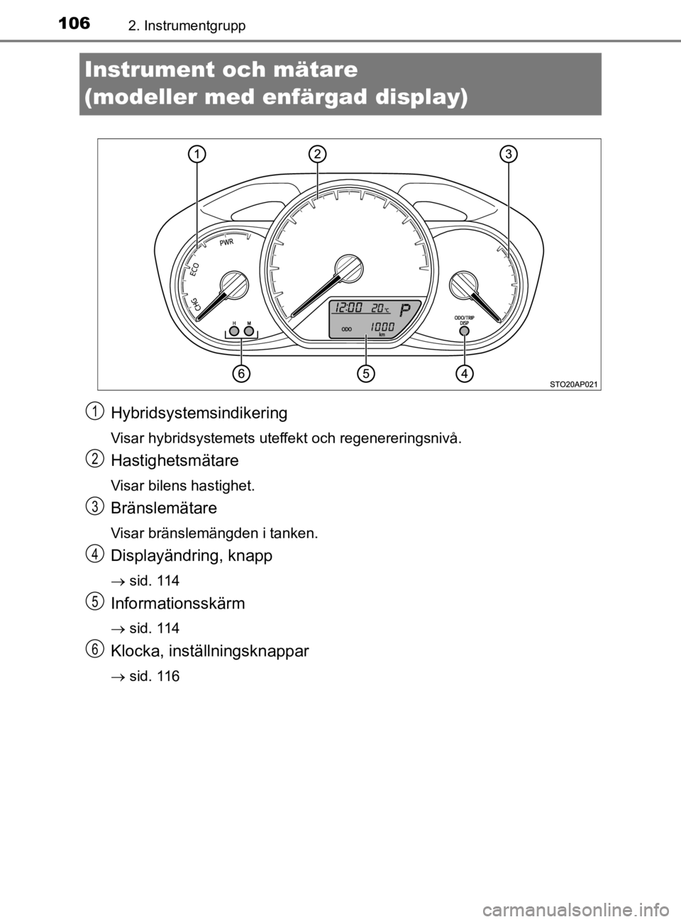 TOYOTA YARIS 2020 Bruksanvisningar (in Swedish) 1062. Instrumentgrupp
YARIS_HV_OM_Europe_OM52A96SE
Instrument och mätare
(modeller med enfärgad display)
Hybridsystemsindikering
Visar hybridsystemets uteffekt och regenereringsnivå.
Hastighetsmä TOYOTA YARIS 2020 Bruksanvisningar (in Swedish) 1062. Instrumentgrupp
YARIS_HV_OM_Europe_OM52A96SE
Instrument och mätare
(modeller med enfärgad display)
Hybridsystemsindikering
Visar hybridsystemets uteffekt och regenereringsnivå.
Hastighetsmä
