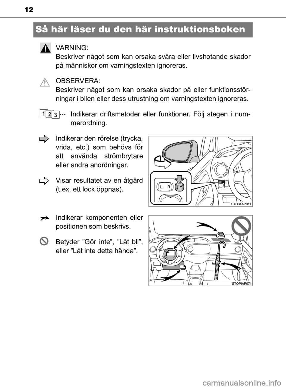 TOYOTA YARIS 2020 Bruksanvisningar (in Swedish) 12
YARIS_HV_OM_Europe_OM52A96SE
Så här läser du den här instruktionsboken
VA R N I N G :
Beskriver något som kan orsaka svåra eller livshotande skador
på människor om varningstexten ignorera TOYOTA YARIS 2020 Bruksanvisningar (in Swedish) 12
YARIS_HV_OM_Europe_OM52A96SE
Så här läser du den här instruktionsboken
VA R N I N G :
Beskriver något som kan orsaka svåra eller livshotande skador
på människor om varningstexten ignorera
