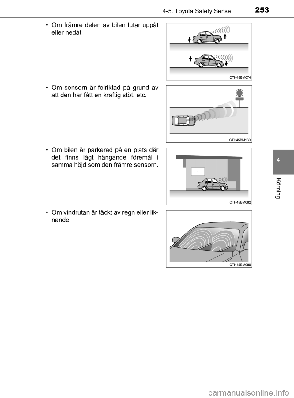 TOYOTA YARIS 2020 Bruksanvisningar (in Swedish) 2534-5. Toyota Safety Sense
4
Körning
YARIS_HV_OM_Europe_OM52A96SE• Om främre delen av bilen lutar uppåt
eller nedåt
• Om sensorn är felriktad på grund av att den har fått en kraftig stöt, TOYOTA YARIS 2020 Bruksanvisningar (in Swedish) 2534-5. Toyota Safety Sense
4
Körning
YARIS_HV_OM_Europe_OM52A96SE• Om främre delen av bilen lutar uppåt
eller nedåt
• Om sensorn är felriktad på grund av att den har fått en kraftig stöt,