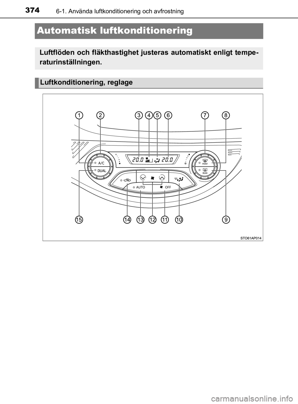 TOYOTA YARIS 2020 Bruksanvisningar (in Swedish) 3746-1. Använda luftkonditionering och avfrostning
YARIS_HV_OM_Europe_OM52A96SE
Automatisk luftkonditionering
Luftflöden och fläkthastighet justeras automatiskt enligt tempe-
raturinställningen.
L TOYOTA YARIS 2020 Bruksanvisningar (in Swedish) 3746-1. Använda luftkonditionering och avfrostning
YARIS_HV_OM_Europe_OM52A96SE
Automatisk luftkonditionering
Luftflöden och fläkthastighet justeras automatiskt enligt tempe-
raturinställningen.
L