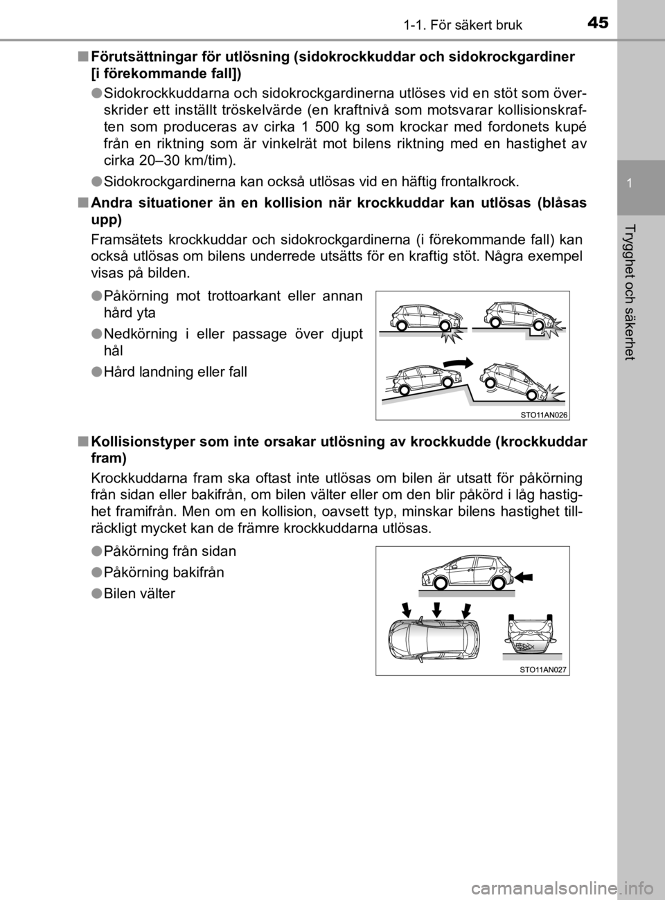 TOYOTA YARIS 2020  Bruksanvisningar (in Swedish) 451-1. För säkert bruk
1
Trygghet och säkerhet
YARIS_HV_OM_Europe_OM52A96SEn
Förutsättningar för ut lösning (sidokrockkuddar och sidokrockgardiner 
[i förekommande fall])
l Sidokrockkuddarna o