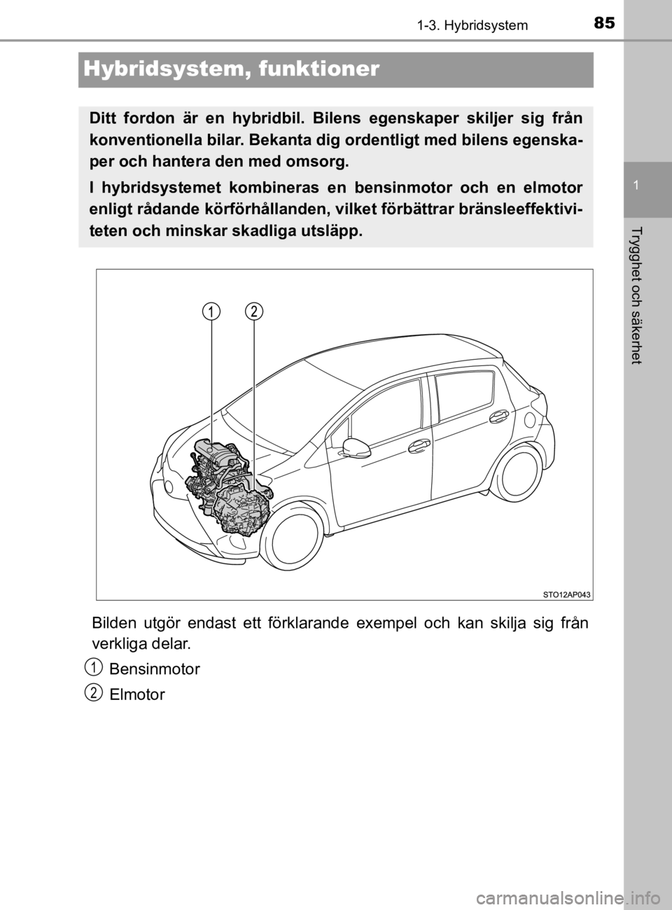 TOYOTA YARIS 2020 Bruksanvisningar (in Swedish) 85
1
1-3. Hybridsystem
Trygghet och säkerhet
YARIS_HV_OM_Europe_OM52A96SE
Hybridsystem, funktioner
Bilden utgör endast ett förklarand e exempel och kan skilja sig från
verkliga delar.
Bensinmotor
TOYOTA YARIS 2020 Bruksanvisningar (in Swedish) 85
1
1-3. Hybridsystem
Trygghet och säkerhet
YARIS_HV_OM_Europe_OM52A96SE
Hybridsystem, funktioner
Bilden utgör endast ett förklarand e exempel och kan skilja sig från
verkliga delar.
Bensinmotor