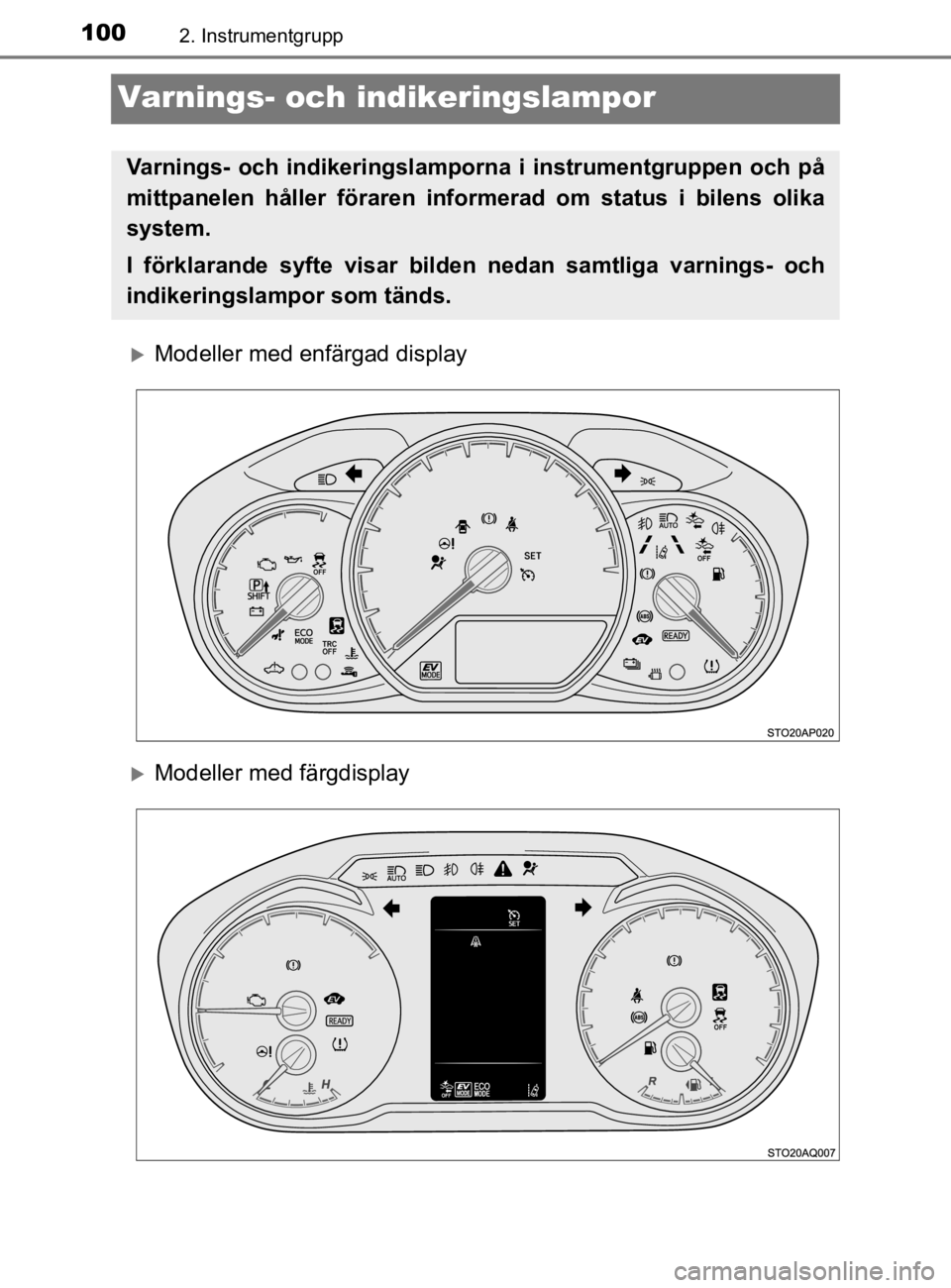 TOYOTA YARIS 2020 Bruksanvisningar (in Swedish) 1002. Instrumentgrupp
YARIS_HV_OM_Europe_OM52A96SE
Varnings- och indikeringslampor
Modeller med enfärgad display
Modeller med färgdisplay
Varnings- och indikeringslampor na i instrumentgruppen TOYOTA YARIS 2020 Bruksanvisningar (in Swedish) 1002. Instrumentgrupp
YARIS_HV_OM_Europe_OM52A96SE
Varnings- och indikeringslampor
Modeller med enfärgad display
Modeller med färgdisplay
Varnings- och indikeringslampor na i instrumentgruppen
