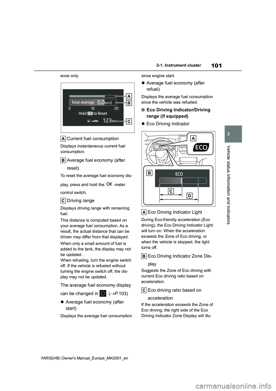 TOYOTA YARIS 2021  Owners Manual 101
2
YARIS(HB) Owners Manual_Europe_MK0001_en
2-1. Instrument cluster
Vehicle status information and indicators
ence only.
Current fuel consumption
Displays instantaneous current fuel 
consumption.
