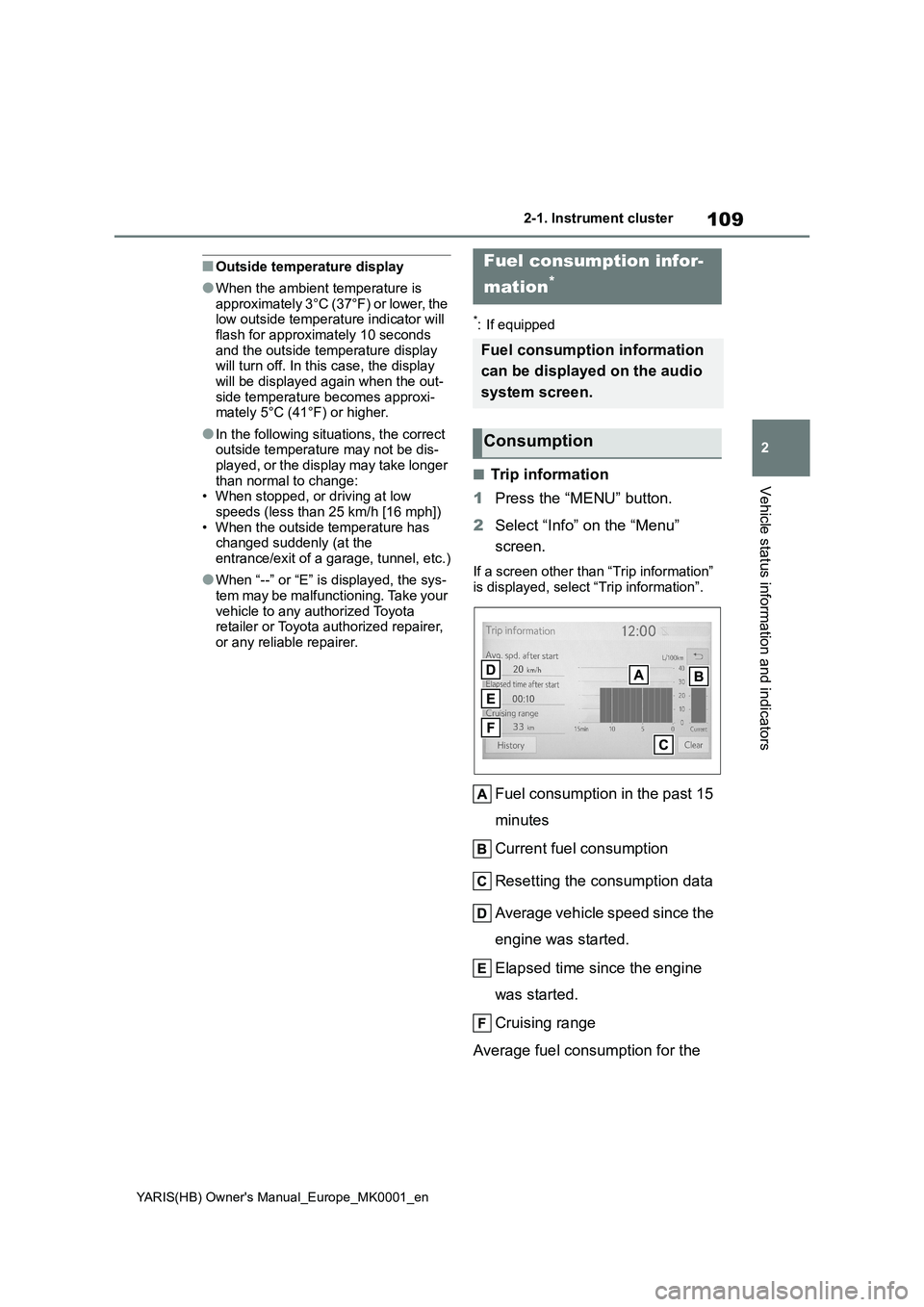 TOYOTA YARIS 2021  Owners Manual 109
2
YARIS(HB) Owners Manual_Europe_MK0001_en
2-1. Instrument cluster
Vehicle status information and indicators
■Outside temperature display
●When the ambient temperature is 
approximately 3°C 