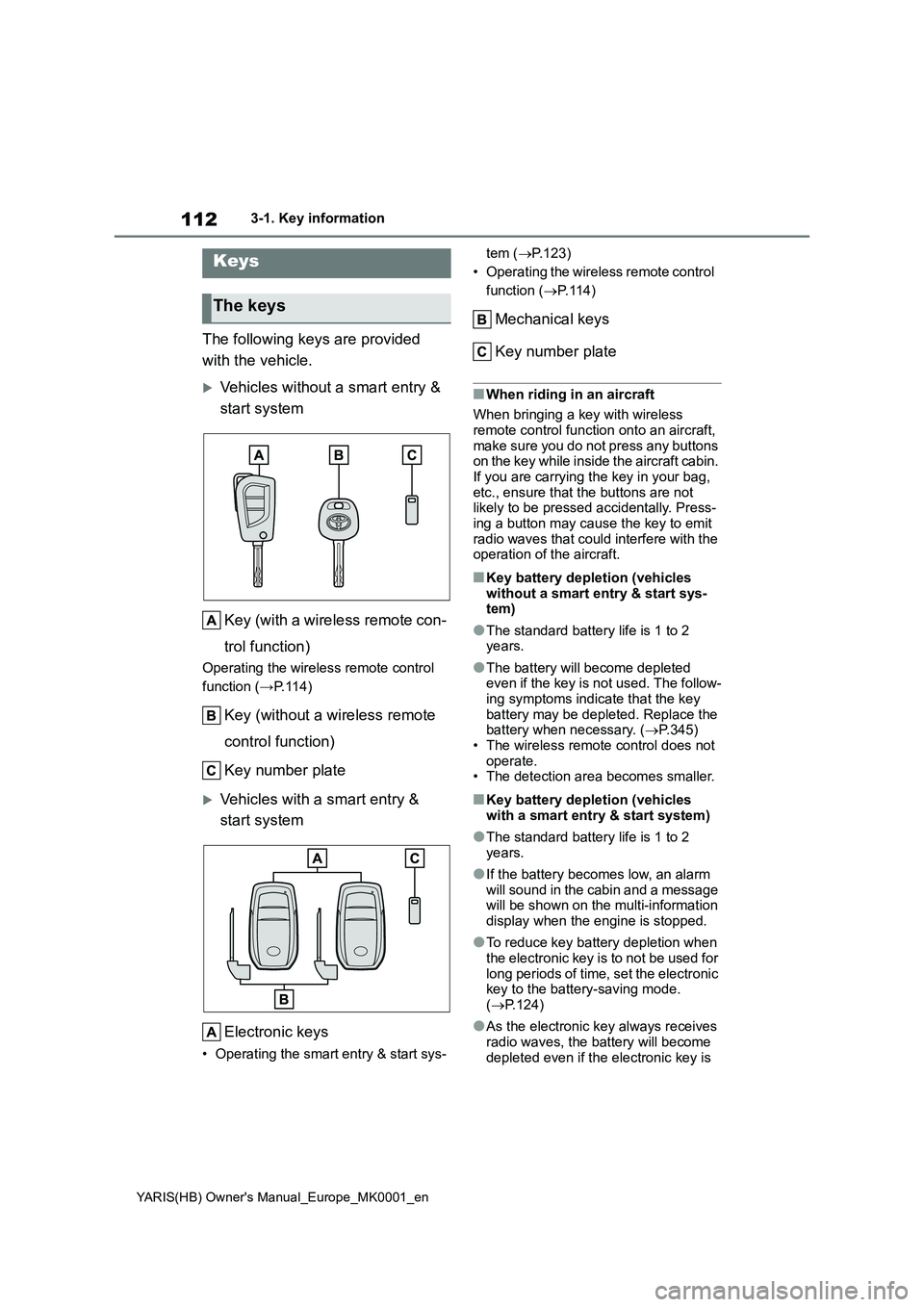 TOYOTA YARIS 2021 Owners Manual 112
YARIS(HB) Owners Manual_Europe_MK0001_en
3-1. Key information
3-1.Key info rmation
The following keys are provided
with the vehicle.
Vehicles without a smart entry &
start system
Key (with a TOYOTA YARIS 2021 Owners Manual 112
YARIS(HB) Owners Manual_Europe_MK0001_en
3-1. Key information
3-1.Key info rmation
The following keys are provided
with the vehicle.
Vehicles without a smart entry &
start system
Key (with a
